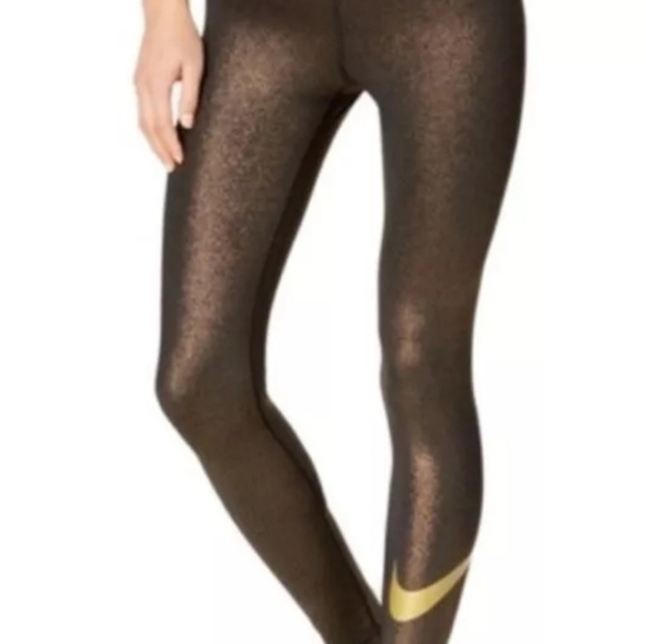 Nike Pro Dri Fit Black/Gold Metallic Swoosh Training Tights XS - Picture 2 of 10